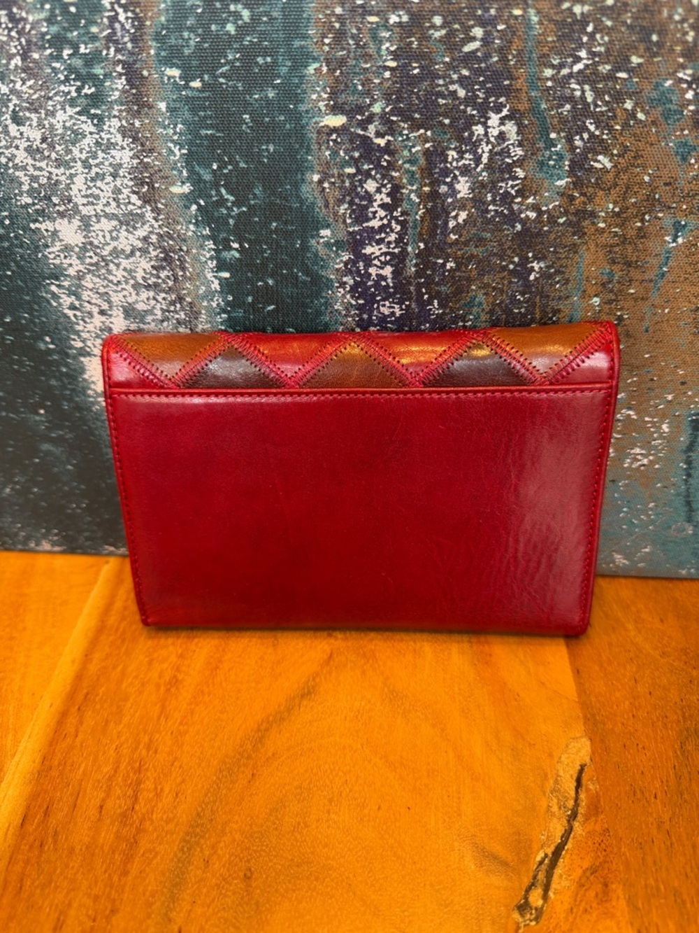 Firenze Vintage Y2K Patchwork Leather Wallet: Red Multi Color Quilted Argyle GUC - Picture 6 of 12
